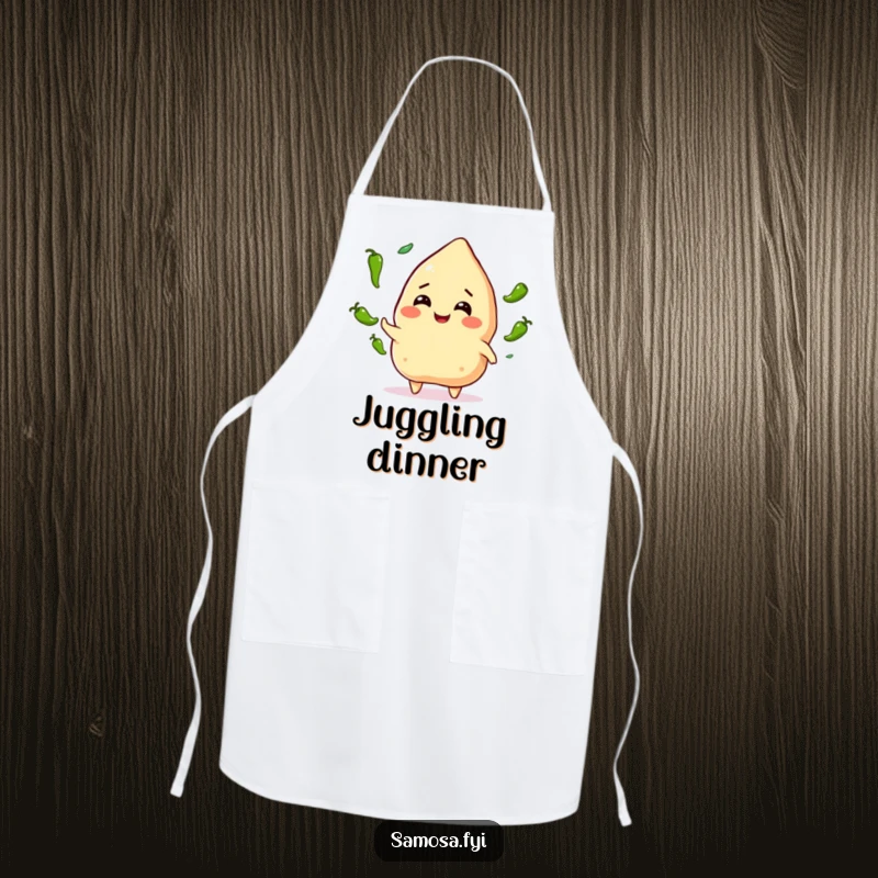 Funny Samosa Juggling Apron: A smiling samosa character juggling tiny green chili peppers, perfect for protecting clothes with spicy flair.