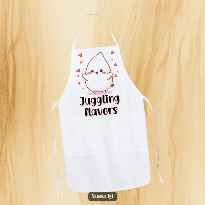 Funny Samosa Apron showing a samosa character skillfully juggling small triangular shapes, adding a humorous touch to kitchen endeavors.