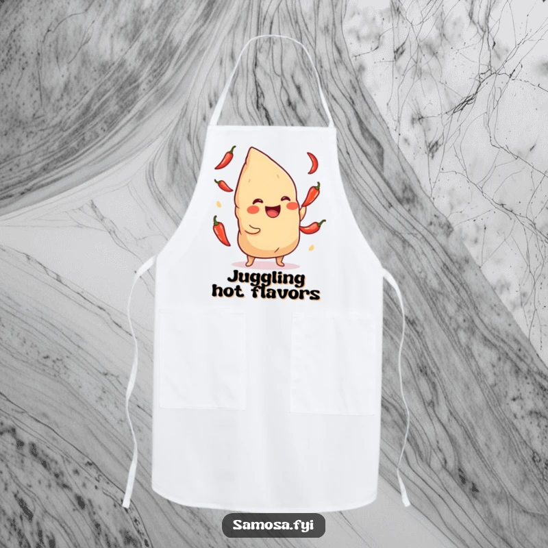 Funny Samosa Apron: A practical apron with a samosa giggling while juggling chili peppers, perfect for spicy food lovers.