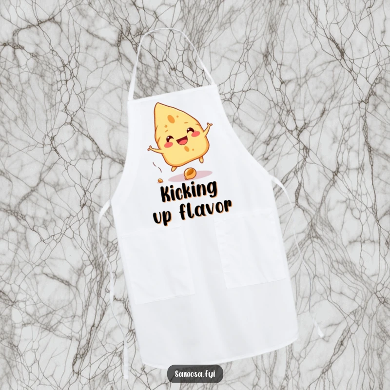 Funny Samosa Apron shows a cheerful samosa with a wide grin playfully dodging a falling chickpea, designed for kitchen amusement.