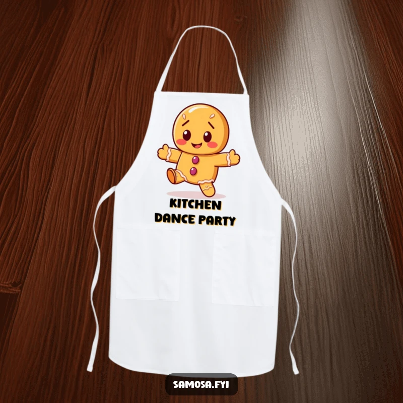 Funny gingerbread cookie apron graphic of the character doing a wobbly dance, a festive and practical item.