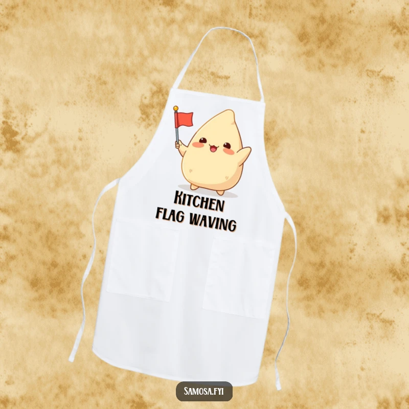 Funny Samosa Flag Apron: A cheerful samosa character energetically waving a small flag, perfect for protecting clothes with festive flair.