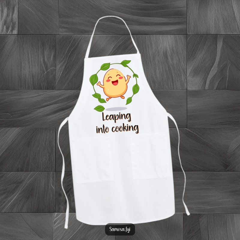 Funny apron showcasing a laughing samosa with legs, jumping through a hoop of curry leaves, ready for culinary fun.