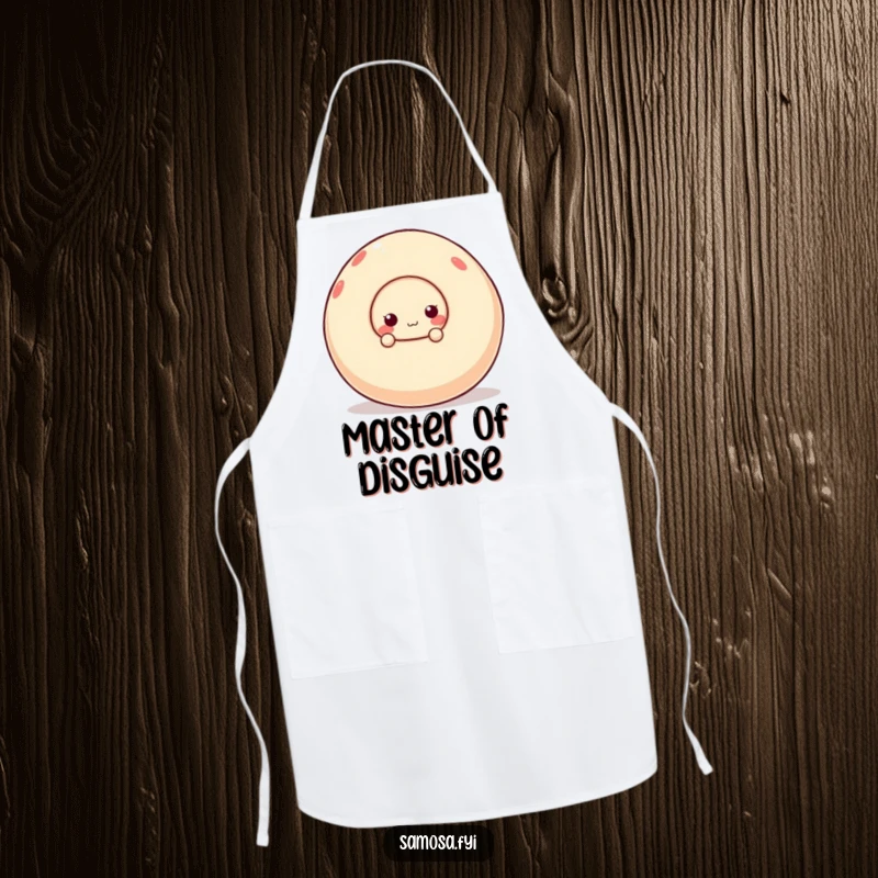 Funny apron featuring a delightful samosa character peeking from behind a giant, wobbly ball, ready for kitchen fun.