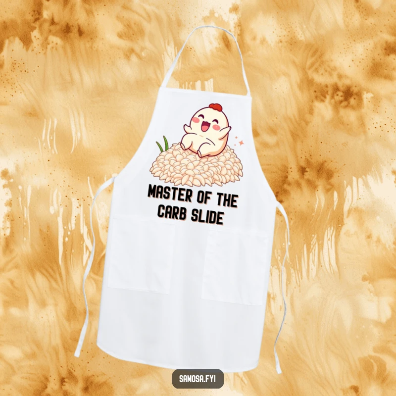 Funny apron depicting a samosa character gleefully sliding down a mountain of rice, ready for kitchen fun and culinary adventures.