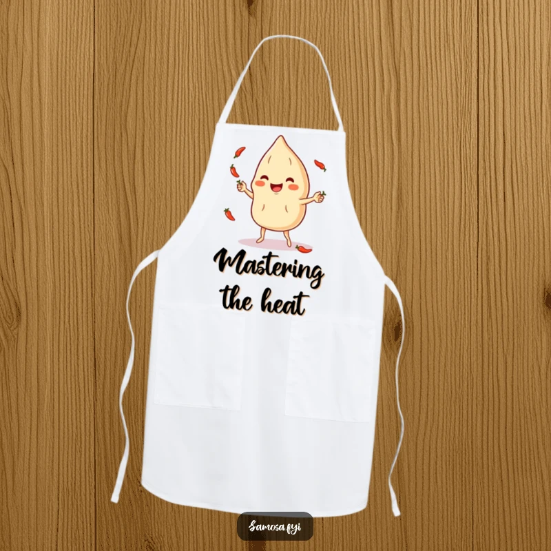 Funny Apron: A smiling samosa character juggles hot chili peppers while cooking, a witty kitchen accessory.