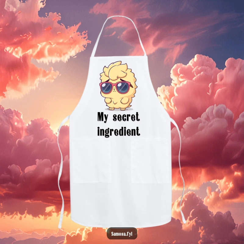 Funny Apron showing a samosa character in oversized sunglasses, shrugging innocently, a cool addition to any kitchen.