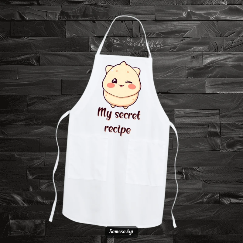 Funny apron for cooks featuring a samosa comically winking with a playful grin, adding humor to meal preparation.