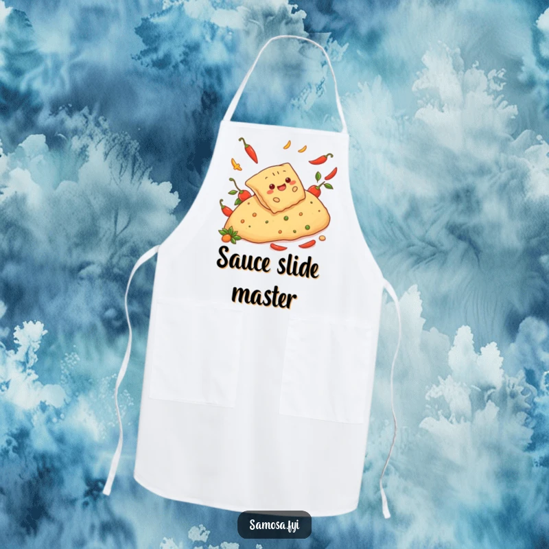 Funny apron featuring a cheerful samosa sliding down a spicy pepper hill, perfect for adding a humorous and adventurous touch to cooking.