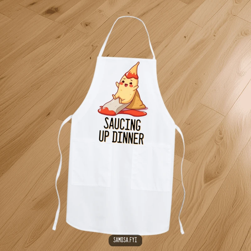 Funny Apron: A cheerful samosa character slides down a ketchup slide, a witty and fun kitchen accessory.