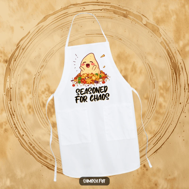 Funny samosa apron showing a giggling samosa character falling into spices, adding humorous spice and flair to cooking activities, a functional gift.