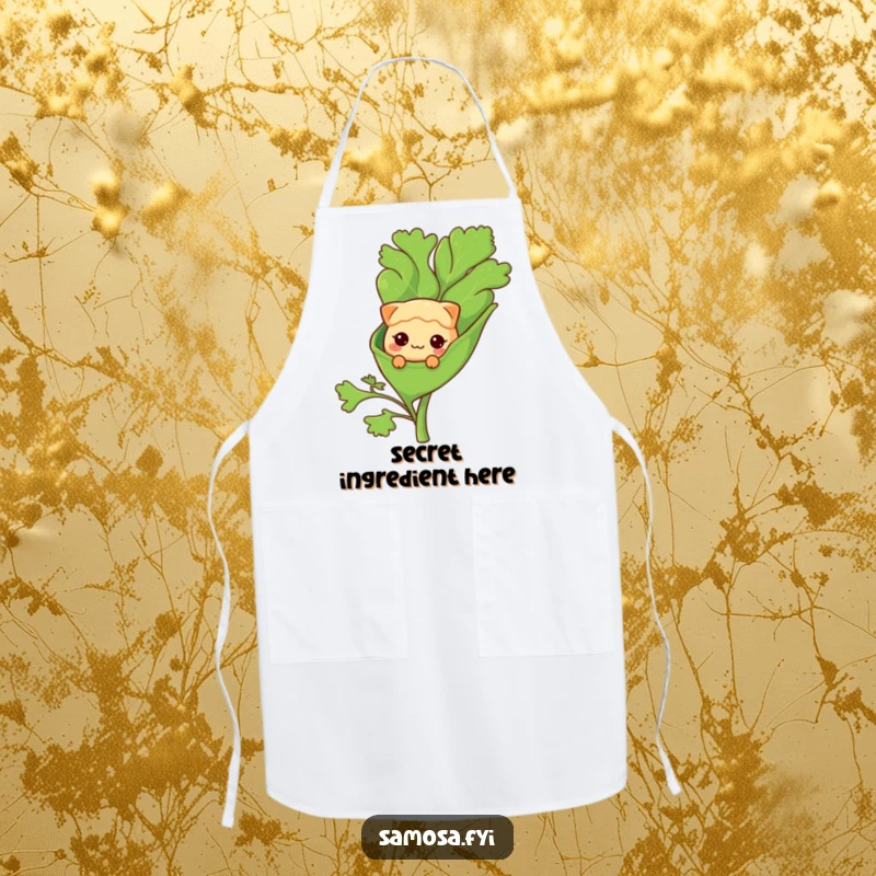 Funny Apron: A shy samosa character peeks from a coriander leaf, a cute and humorous kitchen accessory.