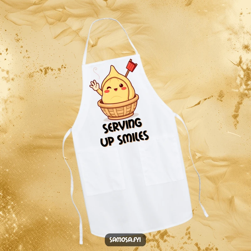 Funny samosa character cheerfully waving, emerging from a steaming basket, featured on a baker's apron.