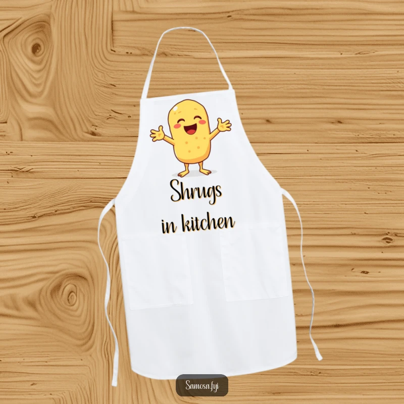 Funny apron showcasing a chickpea fritter comically shrugging, perfect for the kitchen or BBQ enthusiast.