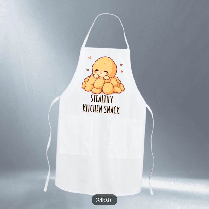 Funny apron graphic of a shy pakora character peeking out from a pile of crispy batter, ready for kitchen duty.