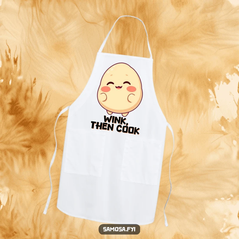 Funny apron featuring a blushing samosa with a cheeky grin, playfully winking, ready for culinary fun.