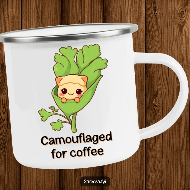 Funny Camping Mug: A shy samosa peeks from a coriander leaf, a cute and funny mug for outdoors.