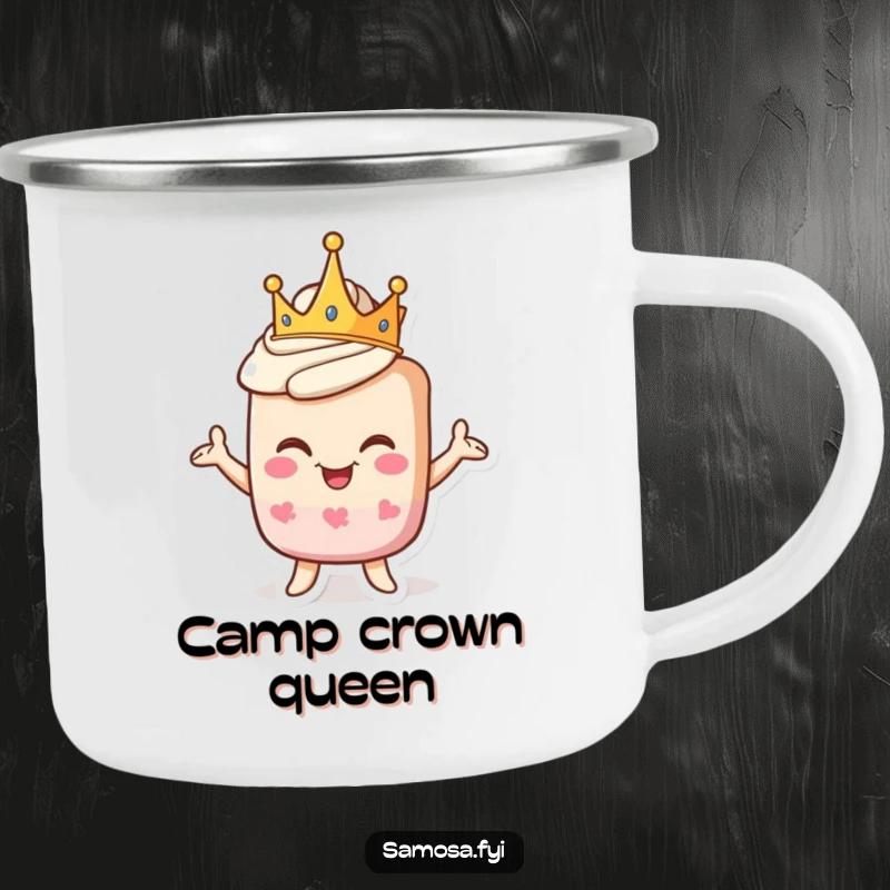 Funny camping mug featuring a crowned pastry character striking a proud, goofy pose, perfect for rugged royal treatment.