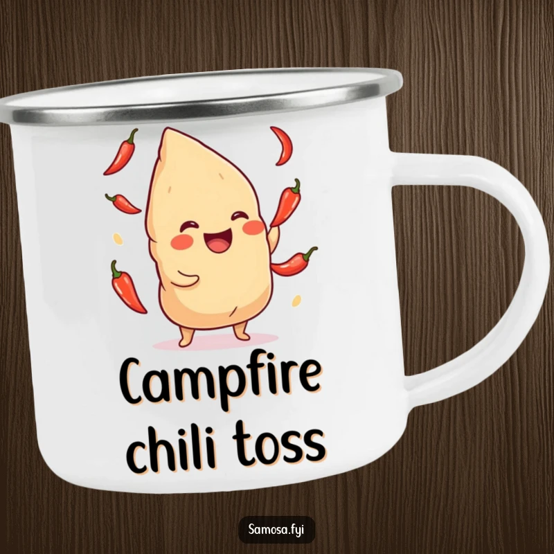 Funny Samosa Camping Mug: Sturdy enamel mug with a giggling samosa juggling chili peppers, great for spicy outdoor moments.