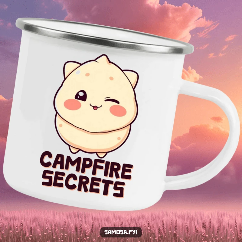 Funny camping mug with a samosa comically winking with a playful grin, perfect for outdoor enthusiasts and humor lovers.