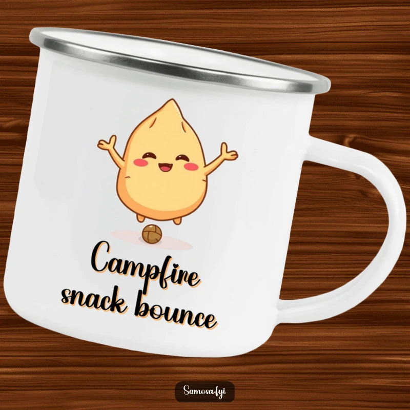 Funny giggling samosa camping mug featuring a character with small arms bouncing a lentil like a ball, ideal for outdoors.