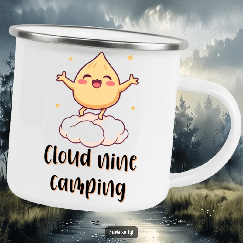Funny camping mug showing a samosa bouncing on a puff pastry cloud, for outdoor fun.
