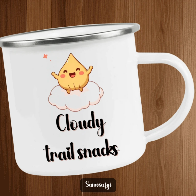 Funny Camping Mug with a samosa bouncing on a pastry cloud, a joyful and durable companion for outdoor excursions.