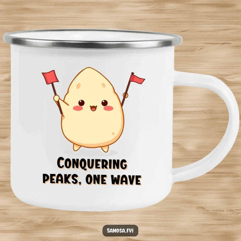 Funny Samosa Camping Mug illustrating a cute samosa character enthusiastically waving a tiny flag, ready for outdoor fun.