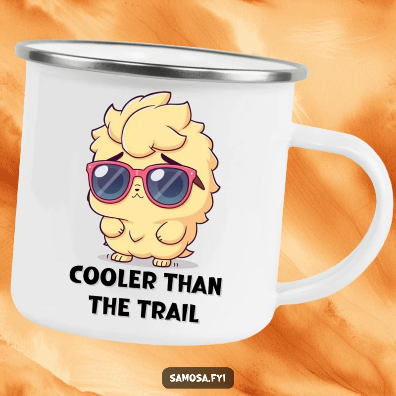 Funny Camping Mug with a samosa character in oversized sunglasses, shrugging innocently, perfect for cool outdoor vibes.