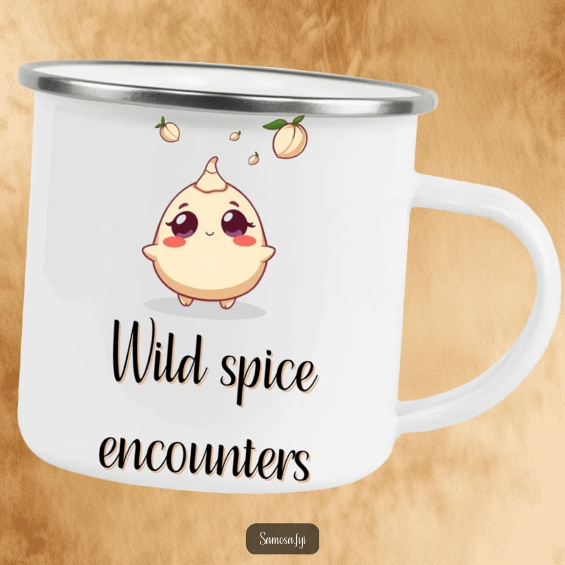 Funny camping mug depicting a samosa character's wide-eyed surprise at a falling cardamom pod, ideal for outdoor humor.