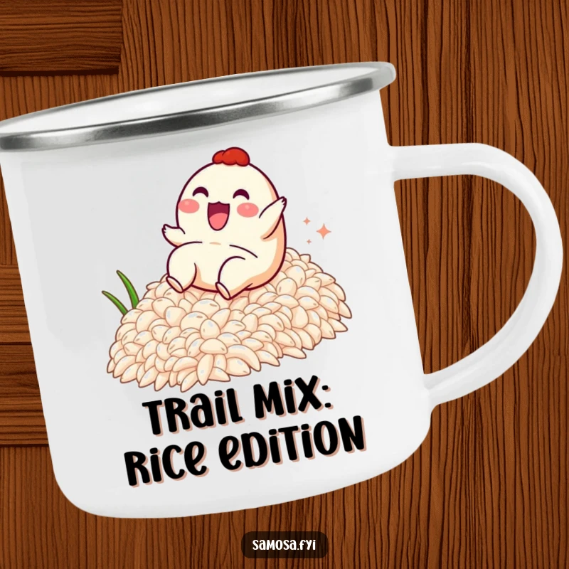 Funny camping mug showing a samosa character joyfully sliding down a rice slope, perfect for outdoor enthusiasts seeking humor.