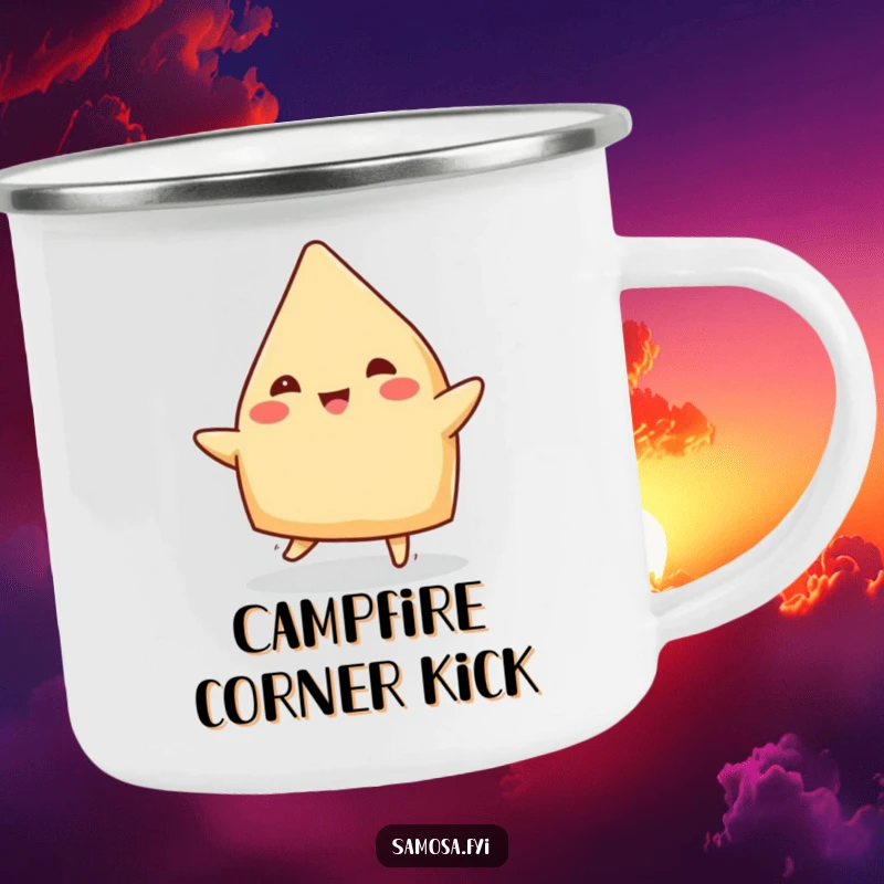Funny Samosa Camping Mug: Sturdy enamel mug with a cheerful samosa doing a jig, great for outdoorsy joy.