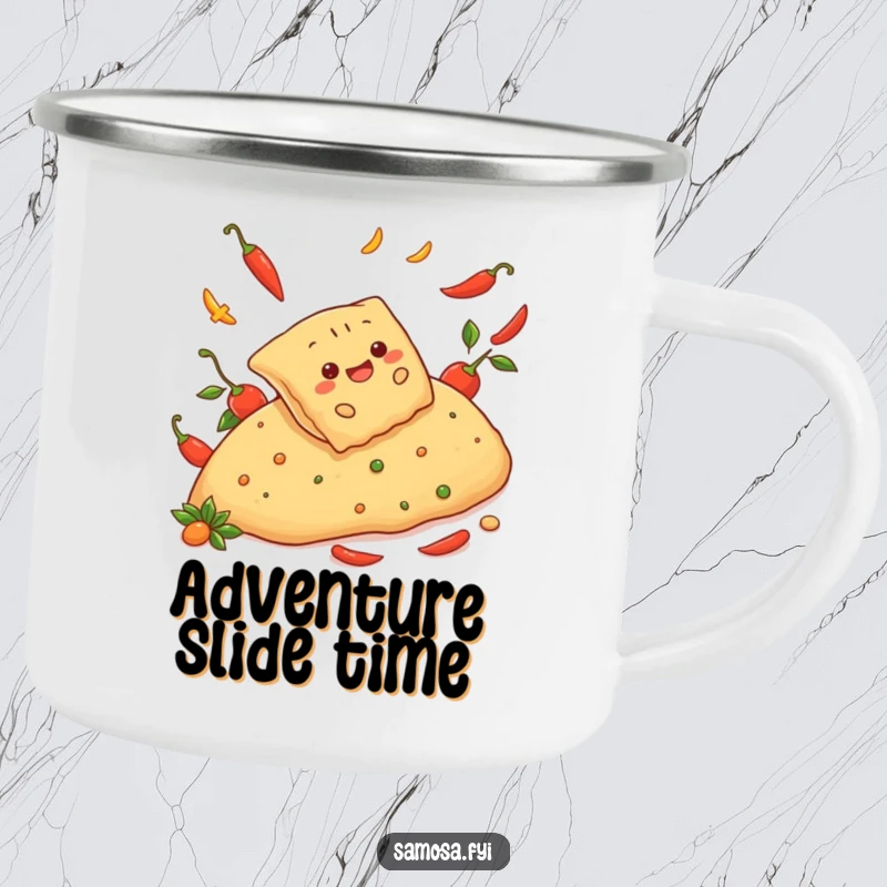Funny camping mug with a cheerful samosa sliding down a spicy pepper hill, perfect for enjoying beverages during outdoor adventures.