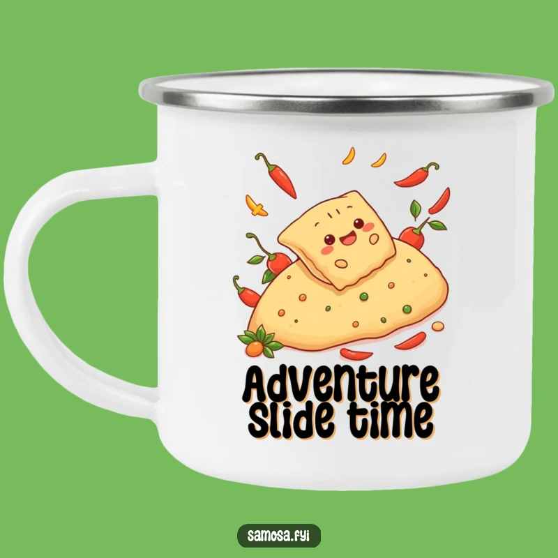 Funny Cheerful Samosa Pepper Slide Camping Mug: Spicy Sips Outdoors, Perfect Adventure Gift