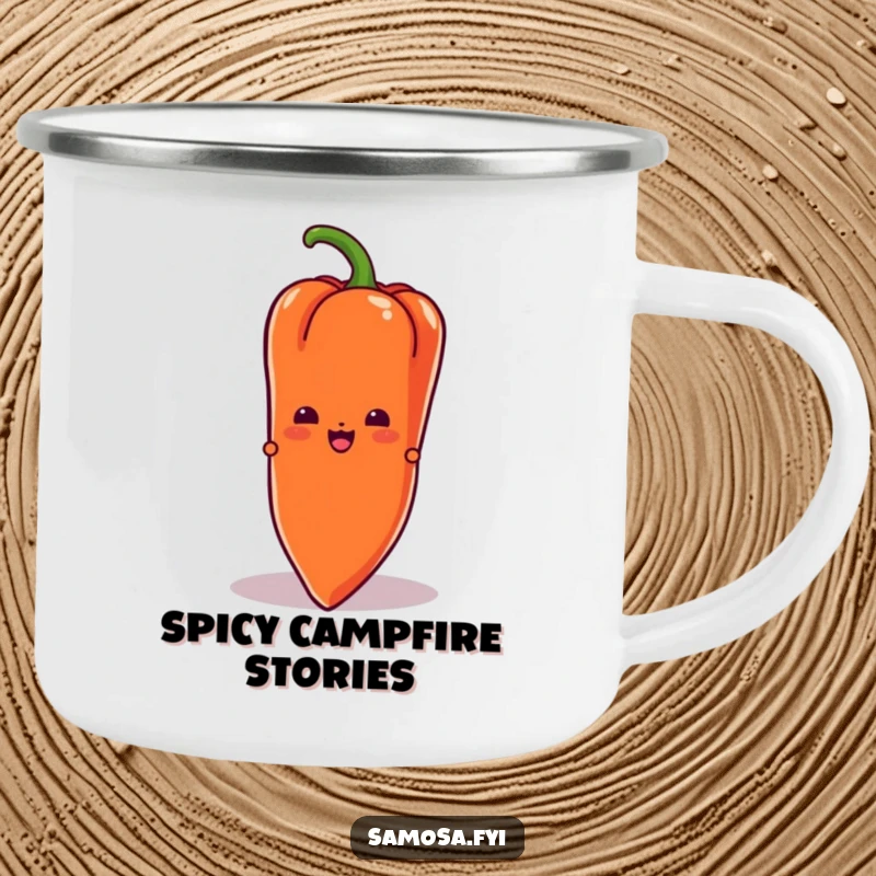 Funny Samosa Camping Mug depicting a samosa character peeking from behind a chili pepper, perfect for outdoor adventures and intrigue.
