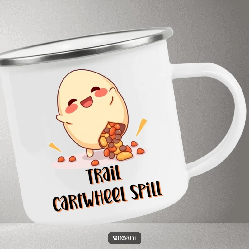 Funny camping mug with a giggling samosa doing a cartwheel with filling spilling humorously, perfect for enjoying beverages outdoors.