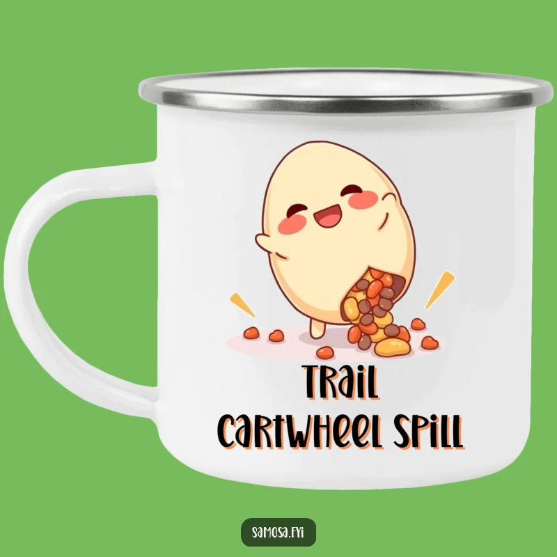 Funny Giggling Samosa Cartwheel Camping Mug: Messy Sips Outdoors, Perfect Adventure Gift