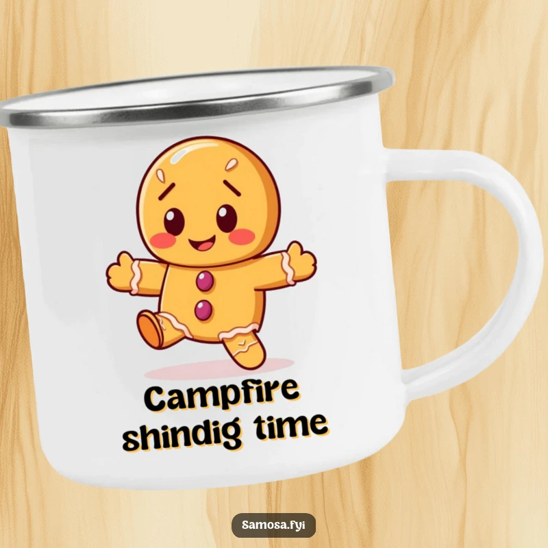 Funny gingerbread cookie camping mug showing the character doing a wobbly dance, bringing festive cheer outdoors.