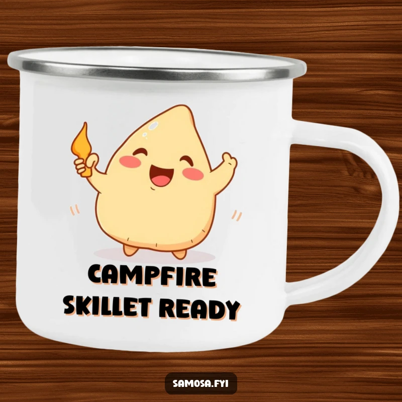Funny Samosa Camping Mug: Sturdy enamel mug with a happy samosa waving a tiny frying pan, great for culinary outdoor moments.