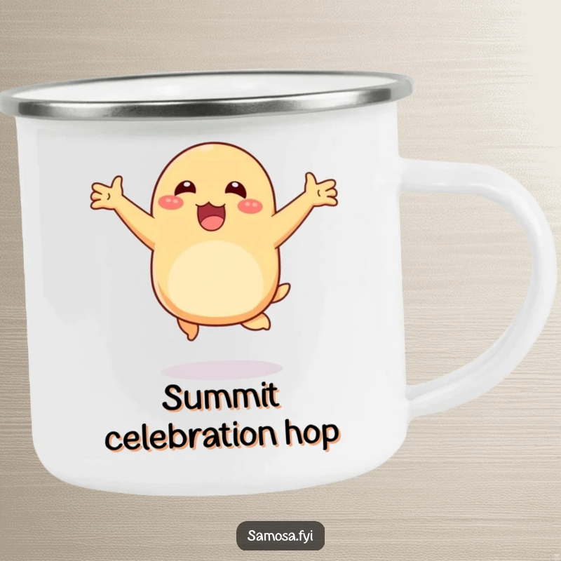 Funny camping mug with a happy samosa hopping with arms outstretched, perfect for enjoying beverages during outdoor adventures.