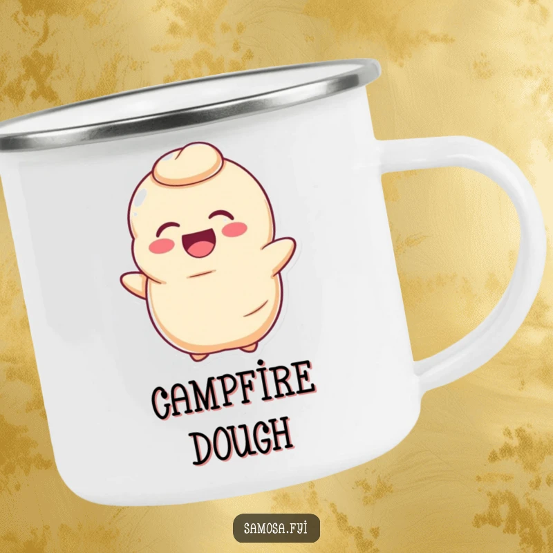 Funny Laughing Dough Camping Mug shows a happy, deflated dough character laughing infectiously, designed for outdoor humor.