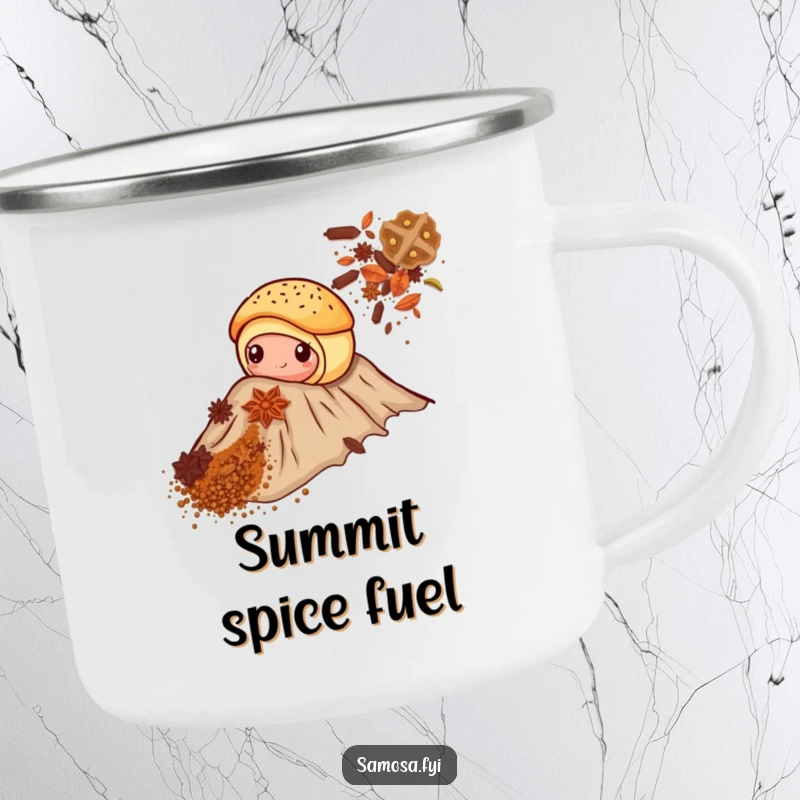 Funny camping mug featuring a pastry bravely scaling a spice mountain, for outdoor enthusiasts who appreciate humor.