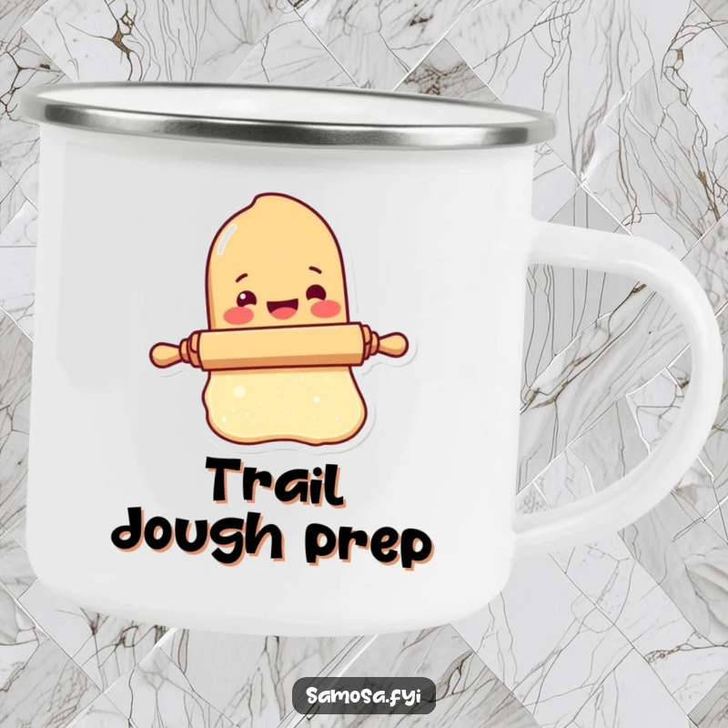 Funny Rolling Pin Camping Mug shows a delighted rolling pin character rolling dough, designed for outdoor baking humor.