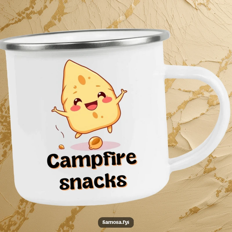 Funny Samosa Camping Mug shows a cheerful samosa with a wide grin playfully dodging a falling chickpea, perfect for campfire laughs.