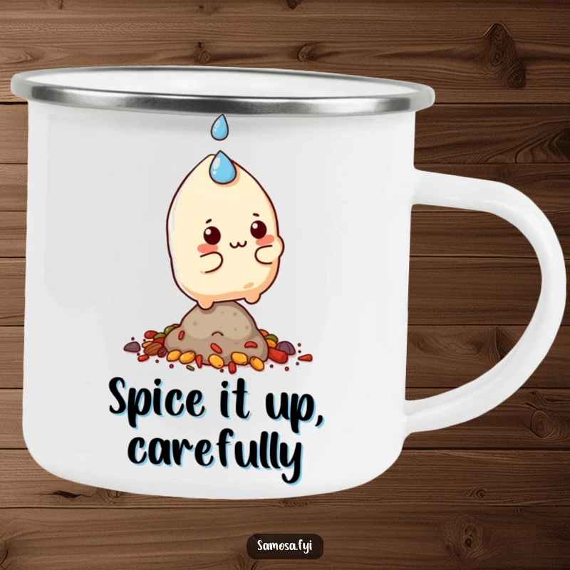 Funny samosa character sweating and balancing on a small pile of spices, printed on a sturdy camping mug.