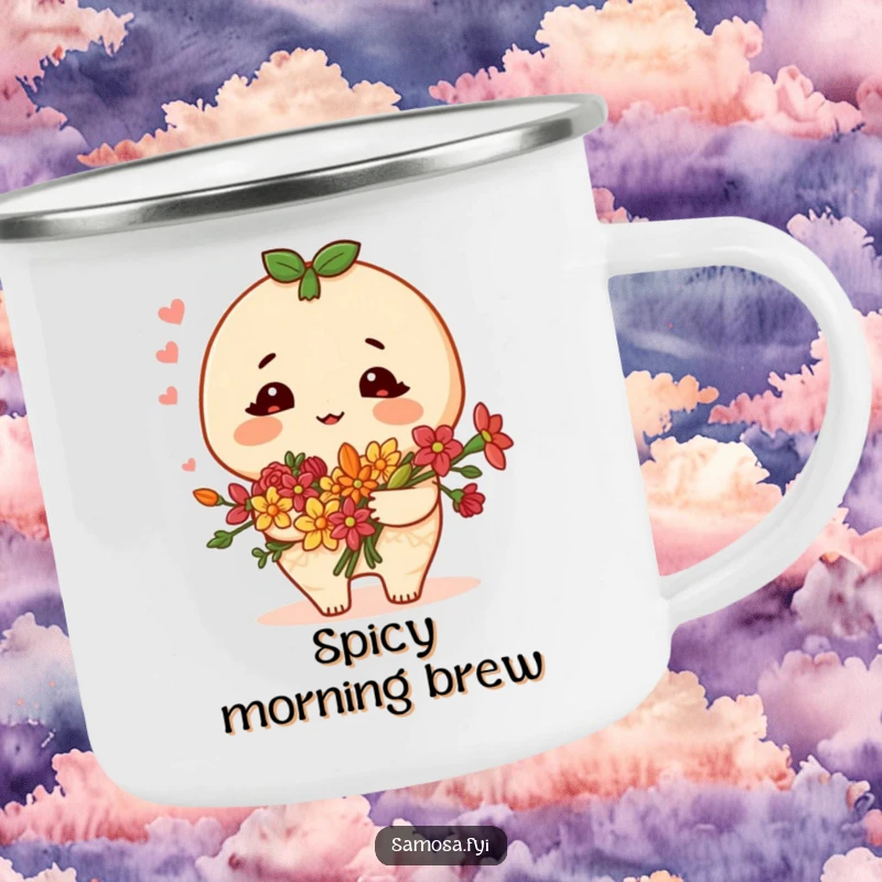 Funny samosa camping mug with a blushing character holding a bouquet of spice flowers, perfect for enjoying drinks outdoors with charm.