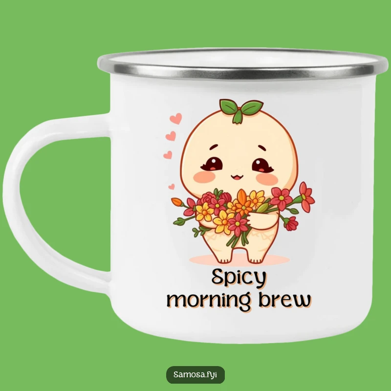Funny Samosa Camping Mug: Blushing Character, Spice Flowers - Outdoor Charm