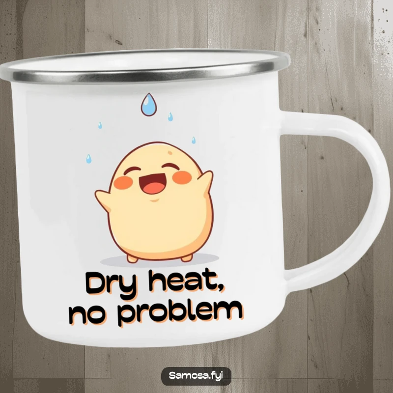 Funny camping mug with a laughing samosa comically dodging a falling raindrop, ideal for outdoor enthusiasts and humor lovers.