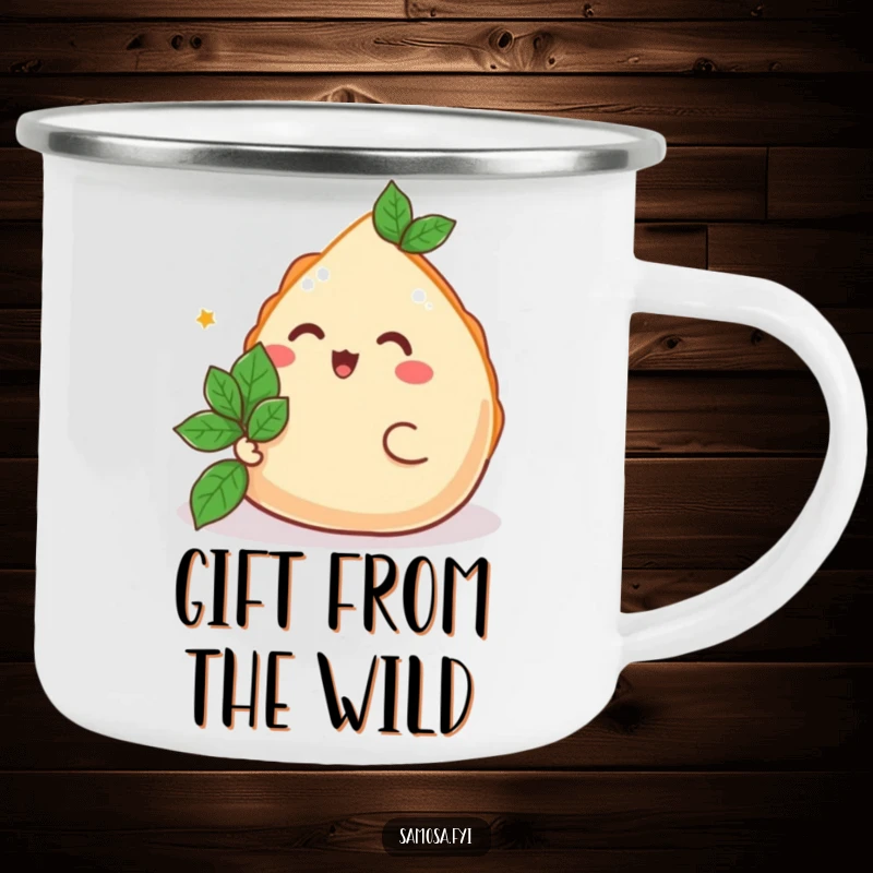 Funny Samosa Camping Mug with a happy samosa offering a mint leaf, perfect for outdoor enjoyment and a funny gift.