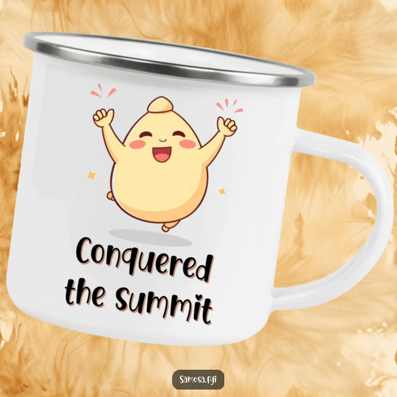 Funny samosa camping mug featuring a plump samosa character doing a victorious celebratory hop, perfect for outdoor drinks.